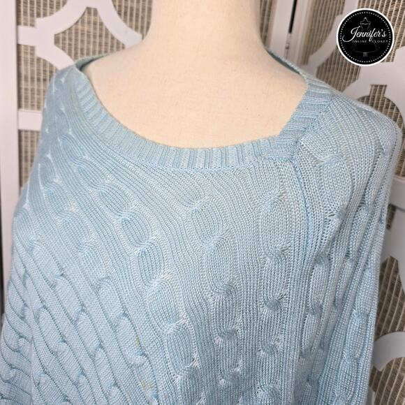 Chico's Light Blue Colleen Cable Knit Asymmetrical Fringe Poncho One Size - Picture 2 of 11